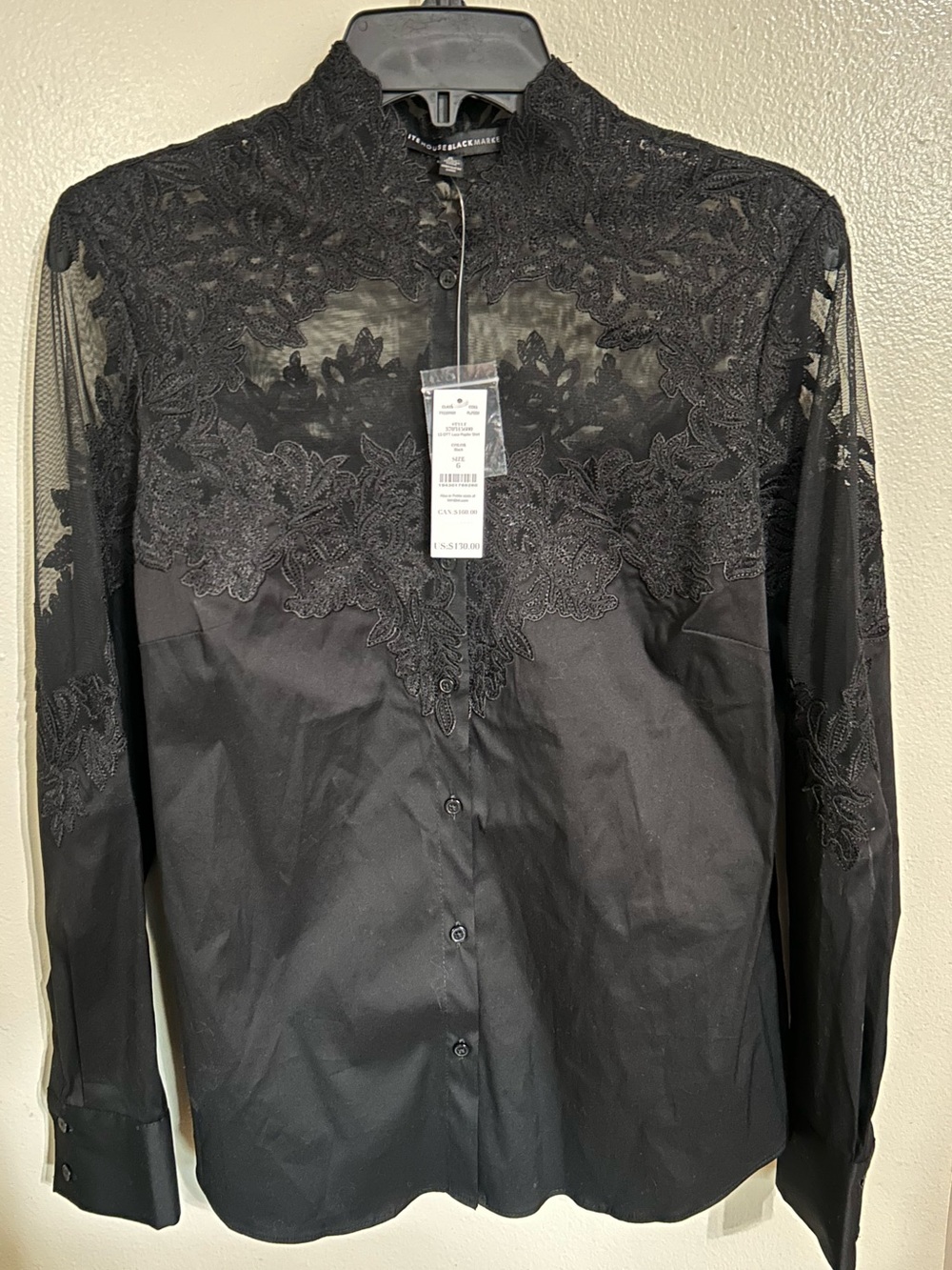 NWT White House Black Market Size 6 Black Button Lace Poplin Blouse Has Stretch